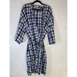 Perry Ellis Portfolio Plaid 100% to Cotton Robe OSFA Blue White Belted Bathrobe